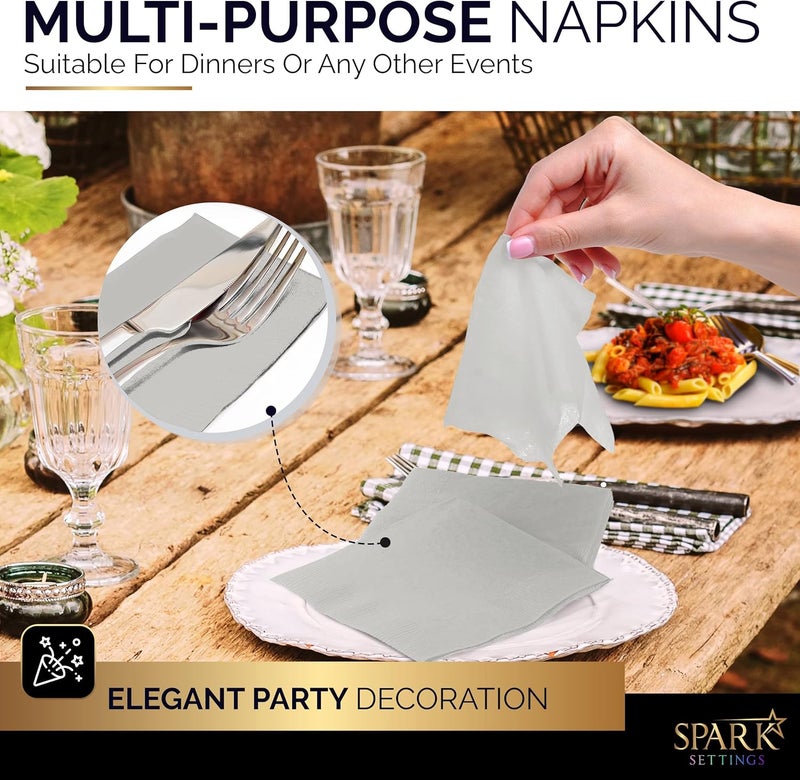 Amcrate 100 Pack Silver Beverage Napkins, Big Party Pack, 2 Ply, Ideal for Wedding, Party, Birthday, Dinner, Lunch, Cocktails. (5” x 5”) by - Image 5